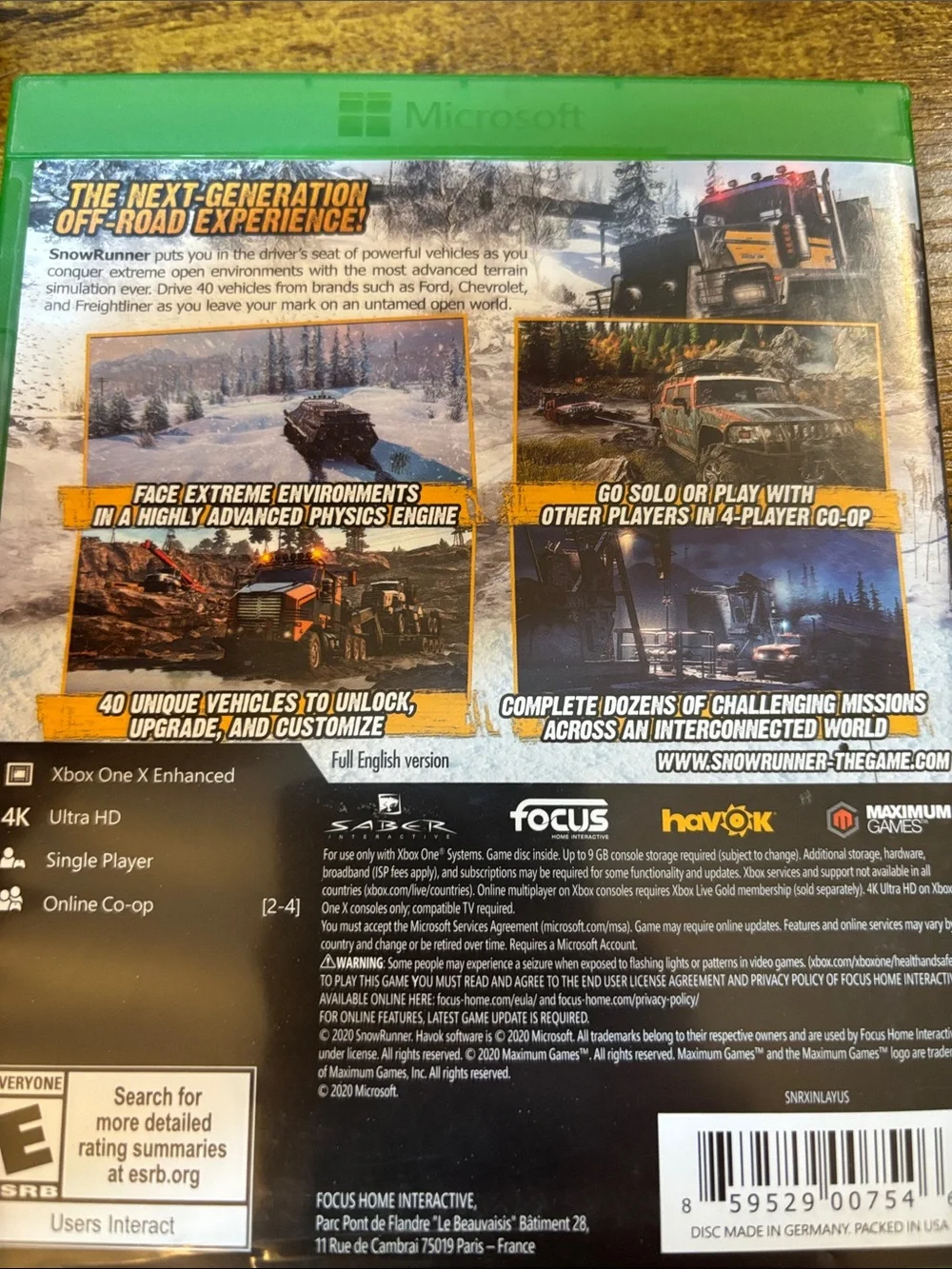 Microsoft SnowRunner Xbox One Game Back Cover — Green Trim, Yellow Accents
